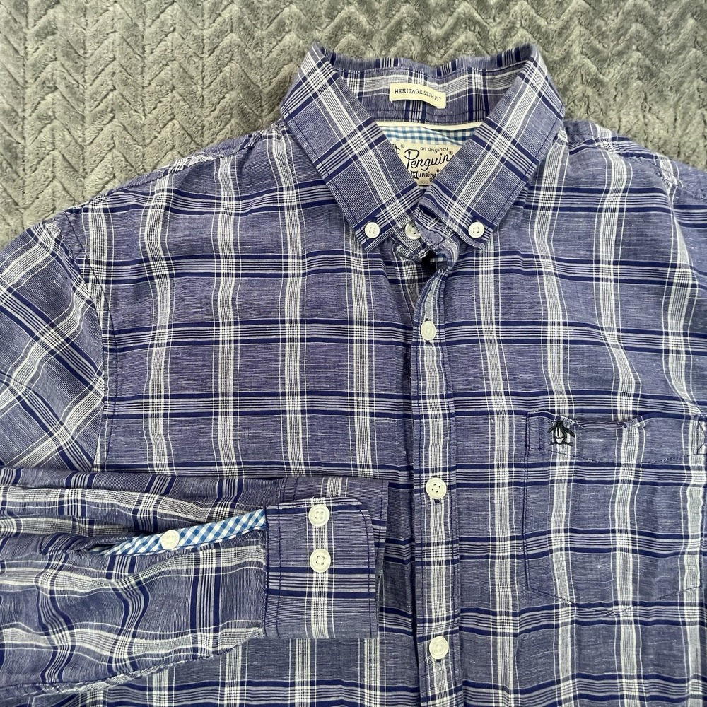 Original Penguin Slim Fit Shirt Mens Large Purple Plaid Long Sleeve Size Large